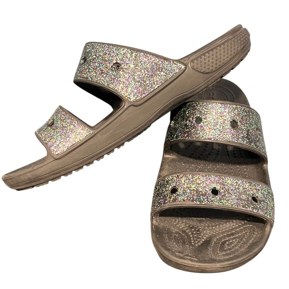 Women’s Crocs Classic Starry Glitter Sandals Double Strap Slides Black Sz 8 - Picture 1 of 7